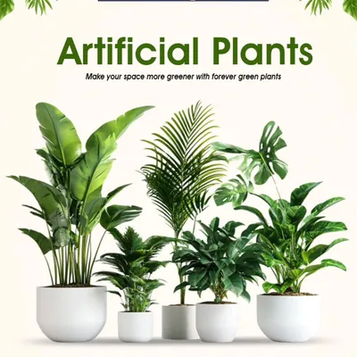 A showcase of our most popular artificial plants. This collection includes a variety of leafy greens like Monstera and Palm plants, all in stylish white pots, ready to make your space greener.