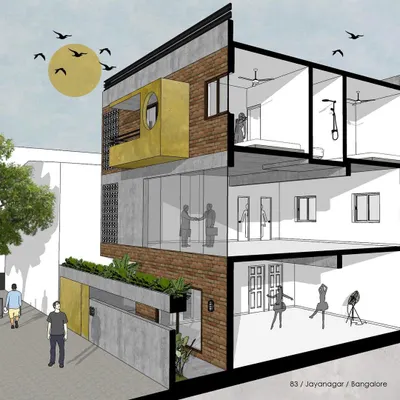 A complete perspective section of 'Project 83', a mixed-use development in Bangalore. This architectural illustration details how different functions, from a ground-floor dance studio to upper-level residences, are integrated within a cohesive design.