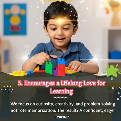 An infographic highlighting how our focus on curiosity and problem-solving encourages a lifelong love for learning, a core benefit of early education.
