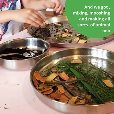 Welcome to the animal poo factory! Here, we get to mix, moosh, and make different kinds of scat using natural materials. This quirky sensory play activity is always a hit and gets our littles chortling with glee.