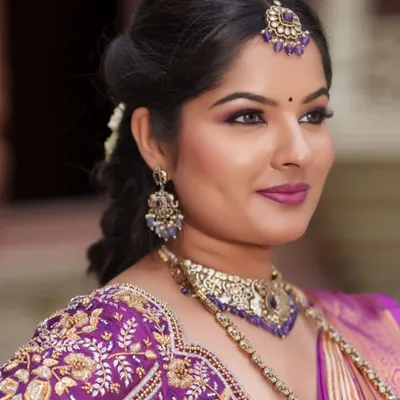 A close look at a purple bridal blouse with detailed zardozi embroidery. The craftsmanship is designed to complement a rich silk saree for a complete muhurtham or reception look.