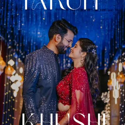Under a canopy of blue lights, this couple shares a look that says it all. We love creating these magical, romantic portraits during the Sangeet night that feel like a still from a movie.