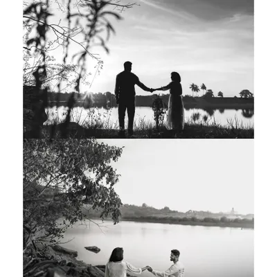 A black and white collage of a lakeside couple shoot. The silhouette against the setting sun and the reflection in the water create a timeless and artistic feel.
