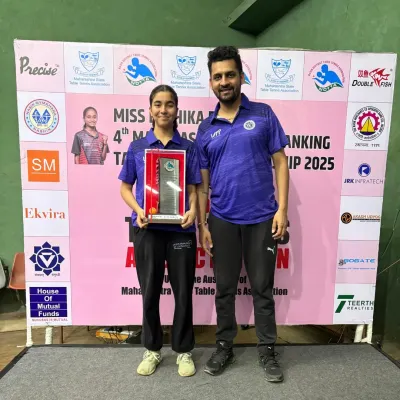 Celebrating Naisha Rewaskar's victory at the 4th State Ranking Tournament in Nasik. Here she is with one of our coaches after winning the U-15 and U-17 girls' titles.