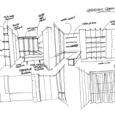 An early concept sketch for a Chairman's Cabin, exploring different layouts and furniture configurations. Our process always begins with hand-drawn ideas to quickly visualize the potential of a space.