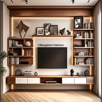 A sophisticated entertainment wall featuring a balanced composition of open bookshelves and a floating media console. The warm wood tones and integrated backlighting create an inviting and elegant living room centerpiece.