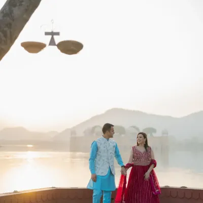 A romantic moment at Jal Mahal, with the setting sun casting a golden glow over the water. This is one of Jaipur's most iconic locations for a reason, and I know the best spots to capture its beauty.