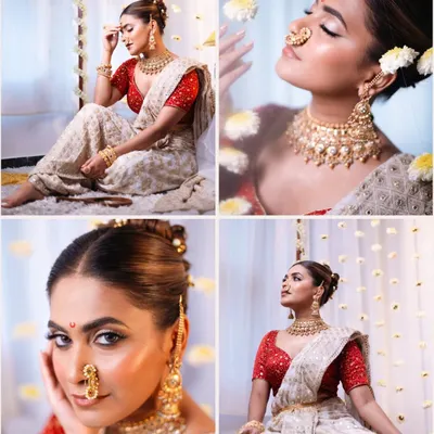 This is my modern interpretation of a classic Peshwai look. The sharp, defined makeup, traditional gold jewelry, and elegant nauvari saree come together to create a look that feels both royal and timeless.