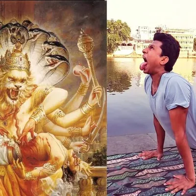 Simhasana, the Lion Pose, is dedicated to Narasimha, the man-lion incarnation of Lord Vishnu. This powerful pose, which involves a forceful exhale and roar, helps release tension and embodies the fierce courage of the deity.