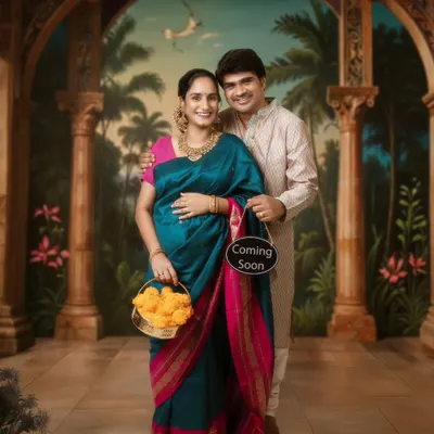 An announcement portrait that feels like a royal painting. Dressed in beautiful traditional Indian attire, this couple celebrates their coming joy against a majestic, hand-painted backdrop.