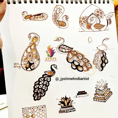 My course includes detailed sketch work to perfect classic motifs. This page shows the deconstruction of various peacock designs, from simple to complex.