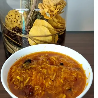 My sweet and tangy Aam ki Chutney, made from grated raw mangoes. I cook it slowly with spices until it has the perfect jam-like consistency. It is made without any vinegar or artificial preservatives.