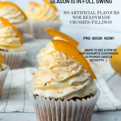 Alphonso mango season is in full swing! I use only real fruit, never artificial crushes or fillings, to create my mango cakes and desserts. This cupcake is topped with fresh mango and coconut flakes.