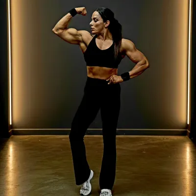 A powerful front pose showing bicep definition and overall conditioning. This is the kind of strong look I help my clients achieve.