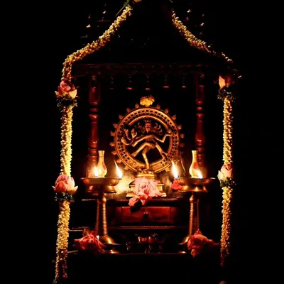 A tribute to Lord Nataraja, the cosmic dancer. This altar was set up for Bhanu Priya's performance, invoking blessings for her journey in dance.