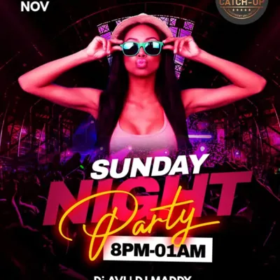 A flyer for a Sunday night party at Catch Up in HSR Layout. A great way to end the weekend with a bang.