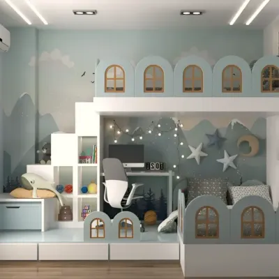 A fairytale comes to life in this castle-themed bedroom. The bunk bed is designed like a whimsical fortress, complete with arched windows and a staircase, creating a magical space for sleep and play.