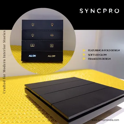 This is our 8-fold keypad in a sleek, frameless black design. It features a soft LED glow for visibility and can be configured to control multiple lighting scenes, fans, and master commands like 'All On' or 'All Off'.