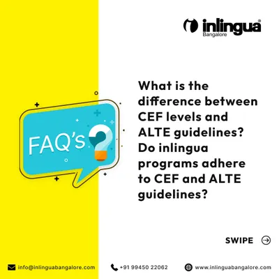 This FAQ graphic addresses a key question for students: the difference between CEF levels and ALTE guidelines. It introduces the importance of standardized language assessment.