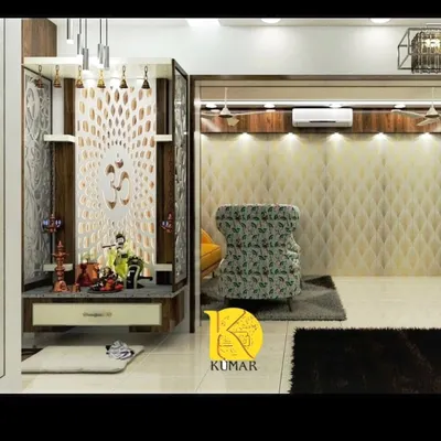 A stunning, modern pooja unit with an intricately cut 'Om' jali panel as the centerpiece. This design features backlighting, a storage drawer, and is seamlessly integrated into the living space.