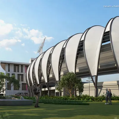 A view of the iconic sports stadium at Bharati Vidyapeeth University in Pune. The unique, petal-like facade of the structure makes it a formidable landmark within our 70-acre master plan for the campus.