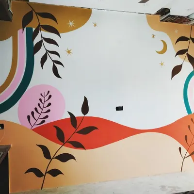 A vibrant and modern abstract mural I painted to liven up a room. The design features flowing lines, botanical silhouettes, and a playful color scheme including pink, orange, and teal.