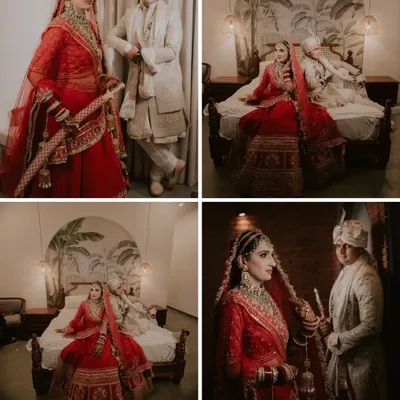 A collage of moody and romantic post-wedding portraits of the couple in their wedding attire, using creative lighting to create an editorial feel.