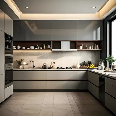 This sleek, modern kitchen features handleless grey cabinets and a marble backsplash. I used under-cabinet lighting to illuminate the workspace and create a warm, inviting glow.