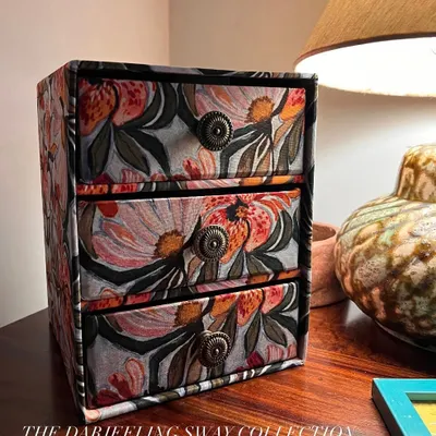 My Darjeeling Sway three-drawer organiser, sitting quietly on a desk. It’s perfect for holding the little things that make you tick and make you, you.