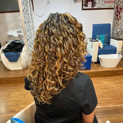 A back view of Prathima's stunning blonde Pintura highlights. You can see how the color is strategically placed to make every single curl stand out, creating a beautiful, multi-dimensional effect.
