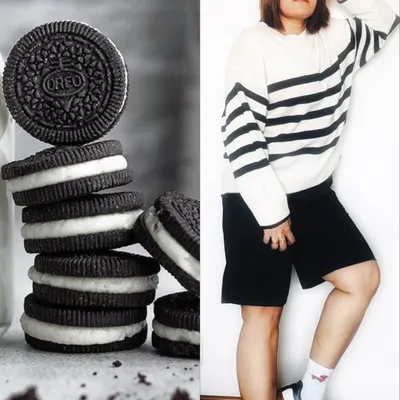 My take on 'Oreo-core' fashion. This diptych pairs the classic cookie with a monochrome striped sweater and shorts, showing how I translate a food concept into a complete, stylish outfit.