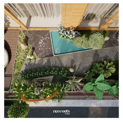 An overhead 3D render of a contemporary Zen garden design. This top-down view allows us to plan the precise layout of the deck, a small pool, stone pathways, and planting areas to ensure a balanced and harmonious composition.