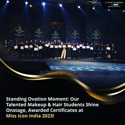 A moment of pure pride. Our students take the stage at Miss Icon India 2023 to receive a standing ovation and certificates for their incredible backstage work. This is the kind of recognition we help you achieve.