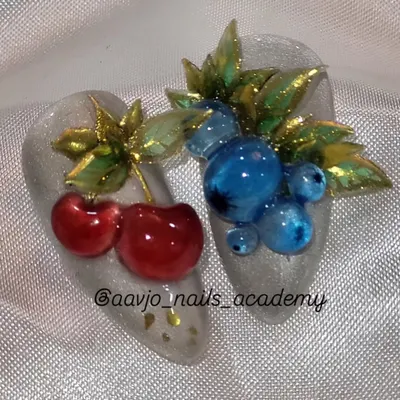 A close-up of my Murano glass effect nail art. Here you can see the juicy, translucent 3D cherries and blueberries with delicate golden leaves, crafted to look like tiny glass sculptures.