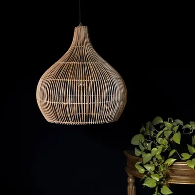 The classic teardrop pendant in its natural, unlit state. This view highlights the clean lines and the beautiful simplicity of the hand-woven bamboo structure, a versatile piece for any decor style.