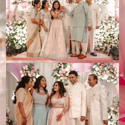 A collage from a fun-filled ring ceremony, showing the couple with their happy and proud families on stage.