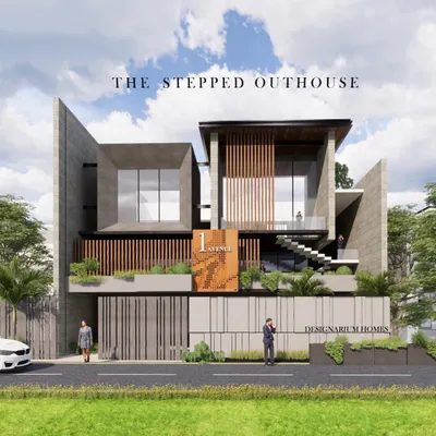 A full view of 'The Stepped Outhouse' render, a design defined by its minimalistic and contemporary style. The facade uses monoblock concrete and wood to create a strong connection with the lush green surroundings.