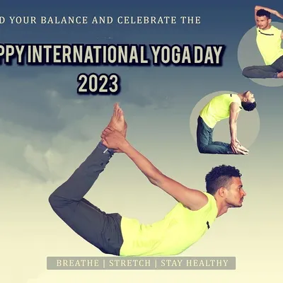 A graphic celebrating International Yoga Day 2023, featuring the Dhanurasana (Bow Pose). This pose is fantastic for strengthening the back and abdominal muscles while improving posture and flexibility.