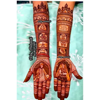A full story on both arms. This design includes bride and groom portraits, wedding rituals like havan kund and gathbandhan, and auspicious symbols like Lord Ganesha, all telling a complete wedding narrative.