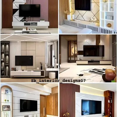 A collage of various TV unit designs we can create. This shows our versatility, from minimalist floating consoles to elaborate entertainment walls with extensive storage.