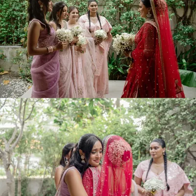 Pieces of her heart, standing right beside her. A collage showing the bride's first look with her bridesmaids, capturing their emotional reactions and a heartfelt hug. A beautiful tribute to girlhood and friendship.