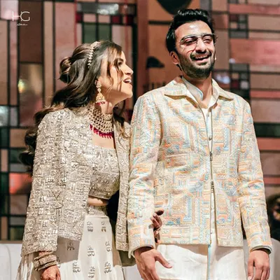 Custom-made elegance for Ayushh's big day. I designed this modern shacket in a beautiful textured fabric, worn over a simple kurta for a relaxed yet sophisticated look.