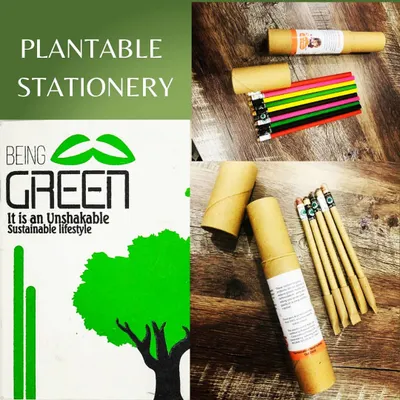This collage showcases our plantable stationery line. It features the "Being Green" notebook alongside our seed pencils, which are made from recycled paper and contain seeds in a capsule at the end, ready for planting.