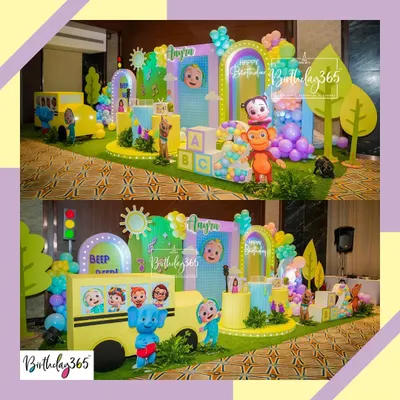 A vibrant Cocomelon-themed party for Aayra. We recreated the iconic yellow school bus and brought characters like JJ and his friends to life with large, colorful cutouts.