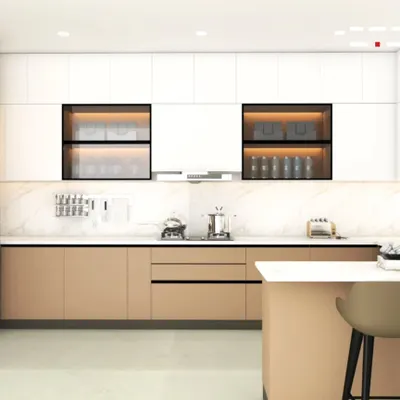 This 3D render showcases a modern kitchen with a clean, two-tone design of beige and white cabinets. I've included glass-front upper cabinets with internal lighting to display fine crockery, blending storage with style.