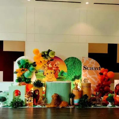 A "Hakuna Matata" celebration with this custom Lion King theme. We used earthy tones, animal prints, and beloved character cutouts to bring the Pride Lands to life for a wild 5th birthday.