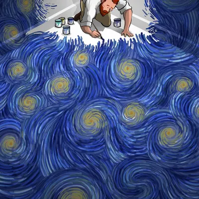 When an artist feels cornered, they can paint their way out. Here, Vincent is on his hands and knees, filling an empty, dead-end room with the vibrant, swirling cosmos of his "Starry Night," transforming his confinement into a universe.