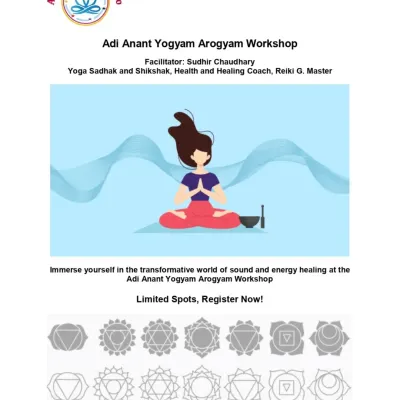 This flyer for my Yogyam Arogyam Workshop features the facilitator details and a visual representation of the chakras we work on. These workshops are for anyone ready to immerse themselves in the world of sound and energy healing.