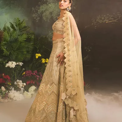 The Jade Lehenga Set in all its glory. This fully embellished ombre gold lehenga is paired with a matching blouse and a scalloped net dupatta, perfect for a bride or for a grand festive occasion.