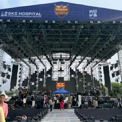 A frontal view of the colossal stage we constructed for Harris Jayraj’s show in Salem. The multi-layered Layher truss and scaffolding system is designed to hold extensive lighting rigs and large-format LED screens for maximum impact.